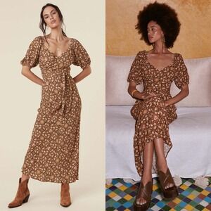 Spell Madame Peacock Sweetheart Dress Coffee Brown Floral XXS Maxi Puff‎ Sleeve